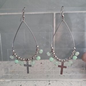 Silver and Green Beaded Cross Earrings